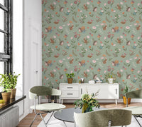 Whimsical Forest Friends Floral Meadow Green Wallpaper⁠