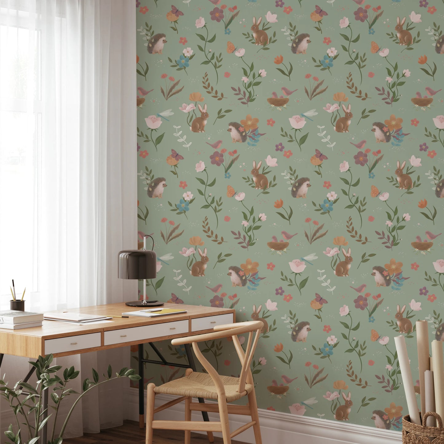 Whimsical Forest Friends Floral Meadow Green Wallpaper⁠