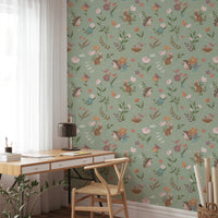 Whimsical Forest Friends Floral Meadow Green Wallpaper⁠