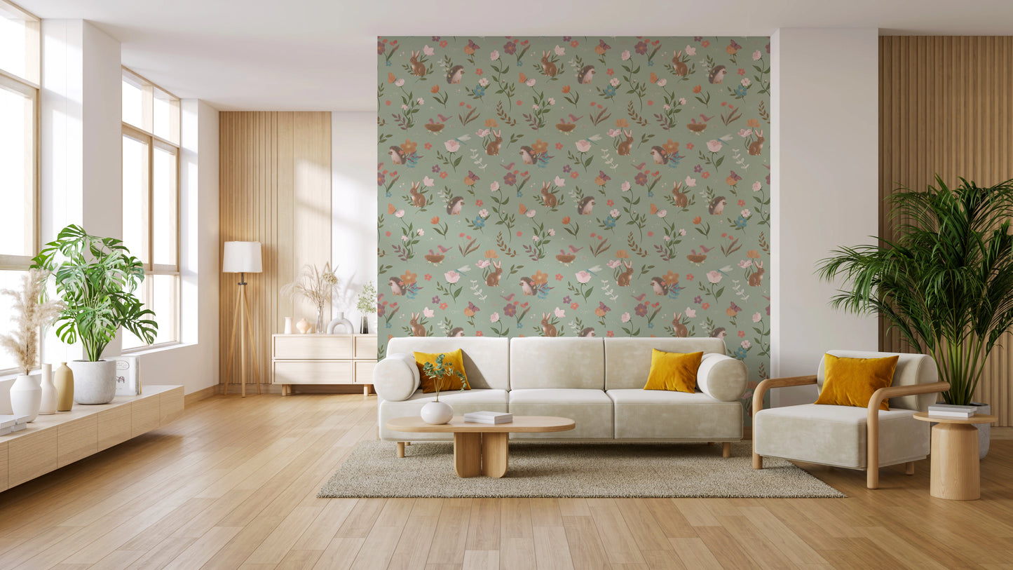 Whimsical Forest Friends Floral Meadow Green Wallpaper⁠
