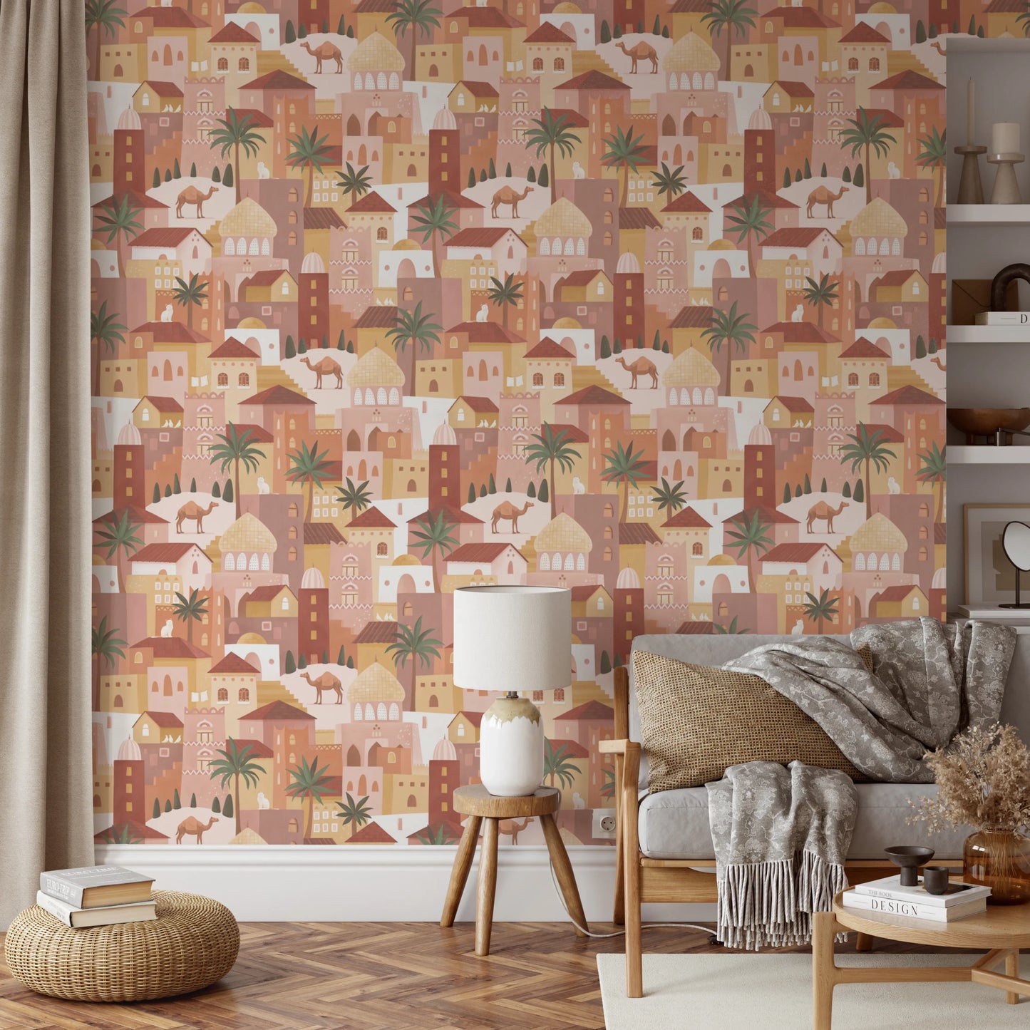 Charming Desert Cityscape with Camels and Palm Trees Wallpaper⁠
