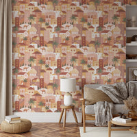 Charming Desert Cityscape with Camels and Palm Trees Wallpaper⁠