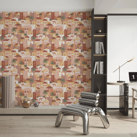 Charming Desert Cityscape with Camels and Palm Trees Wallpaper⁠