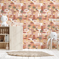 Charming Desert Cityscape with Camels and Palm Trees Wallpaper⁠