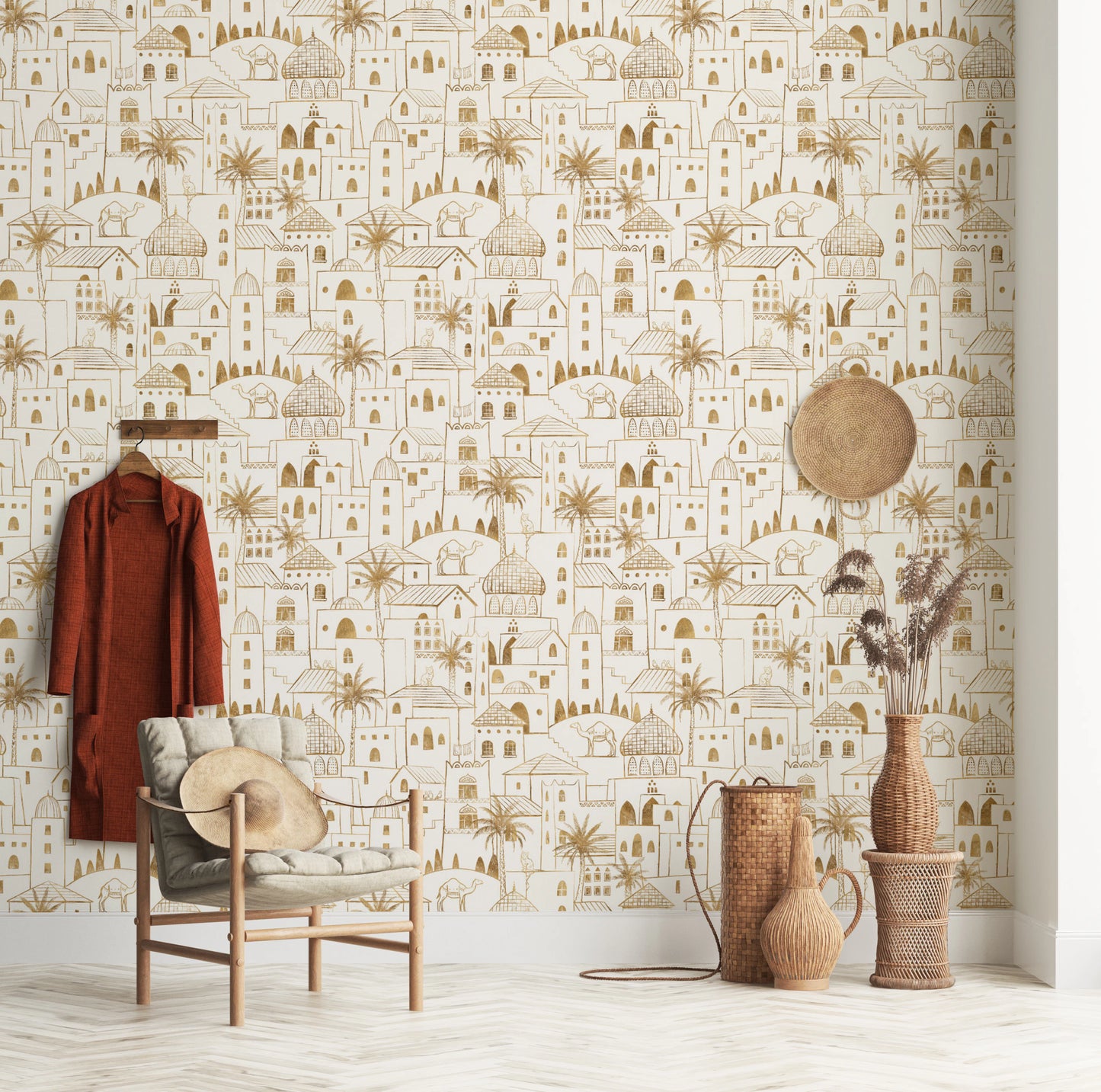 Golden Oasis Desert City Hand Drawn Wallpaper Wallpaper⁠