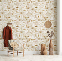 Golden Oasis Desert City Hand Drawn Wallpaper Wallpaper⁠