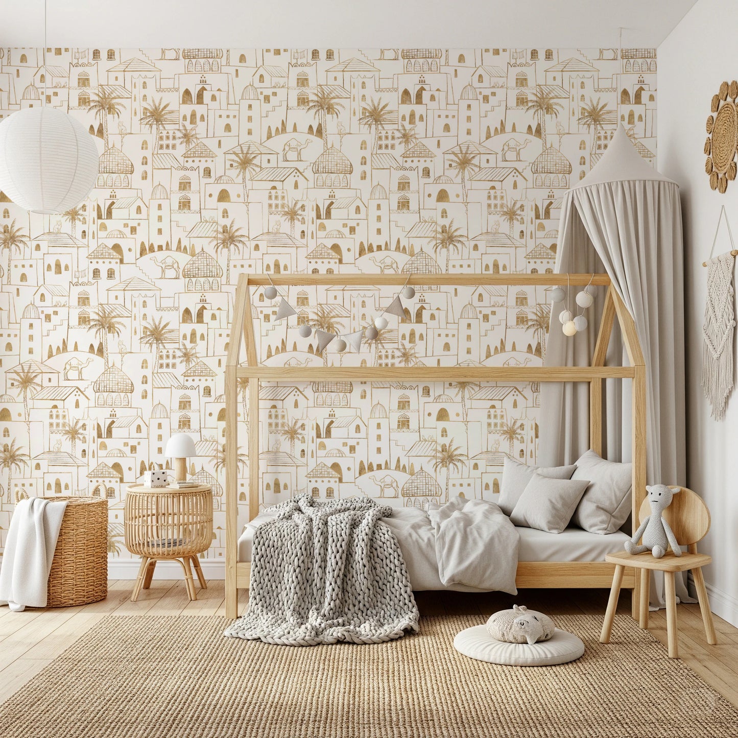 Golden Oasis Desert City Hand Drawn Wallpaper Wallpaper⁠