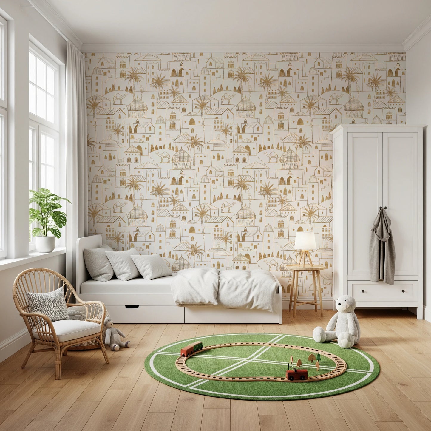Golden Oasis Desert City Hand Drawn Wallpaper Wallpaper⁠