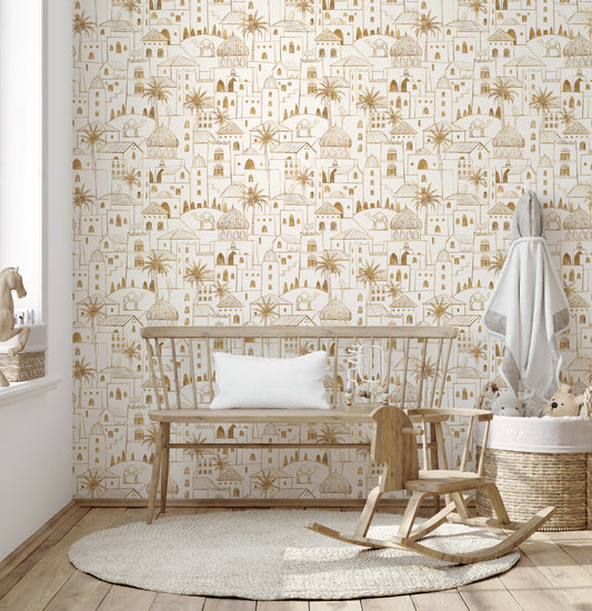 Golden Oasis Desert City Hand Drawn Wallpaper Wallpaper⁠
