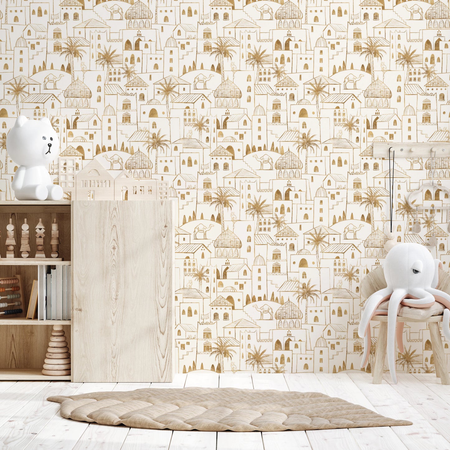 Golden Oasis Desert City Hand Drawn Wallpaper Wallpaper⁠