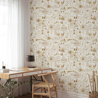 Golden Oasis Desert City Hand Drawn Wallpaper Wallpaper⁠