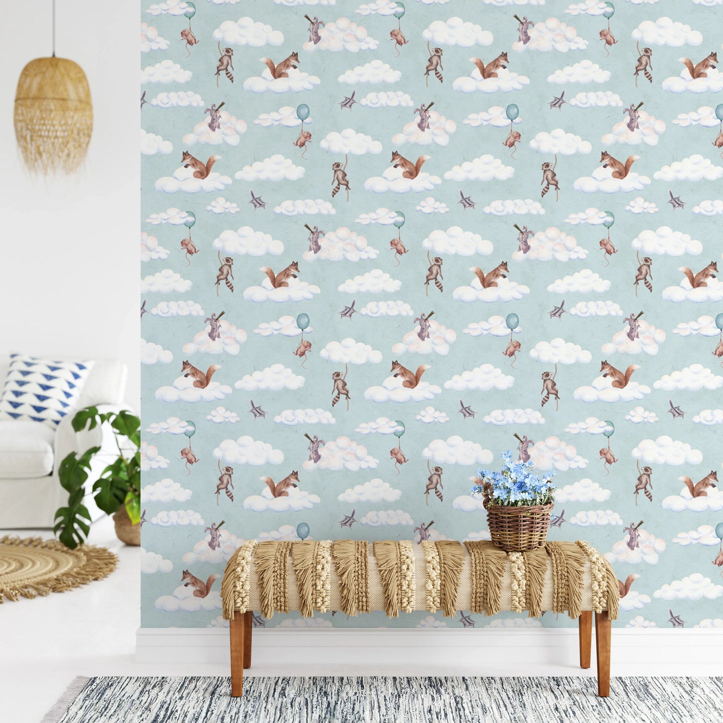 Whimsical Woodland Friends Floating in Soft Clouds Wallpaper⁠