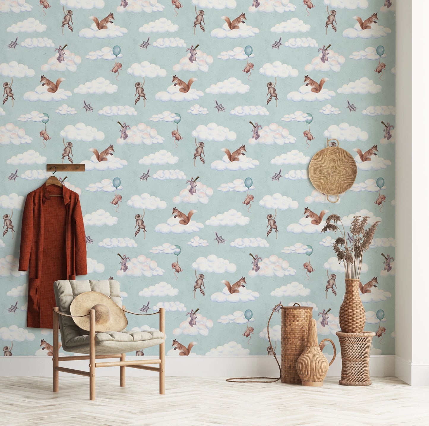 Whimsical Woodland Friends Floating in Soft Clouds Wallpaper⁠