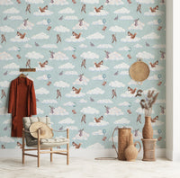 Whimsical Woodland Friends Floating in Soft Clouds Wallpaper⁠