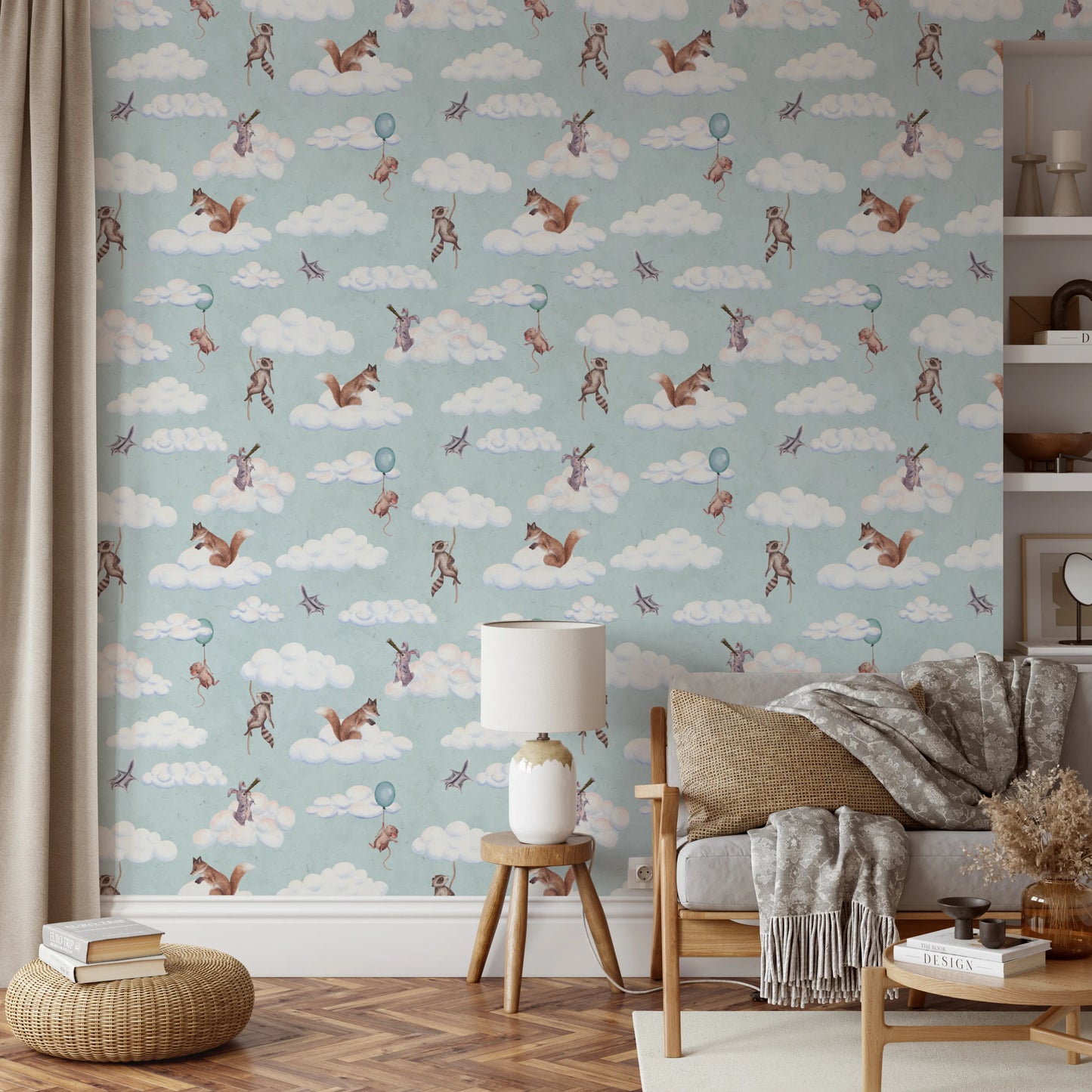 Whimsical Woodland Friends Floating in Soft Clouds Wallpaper⁠