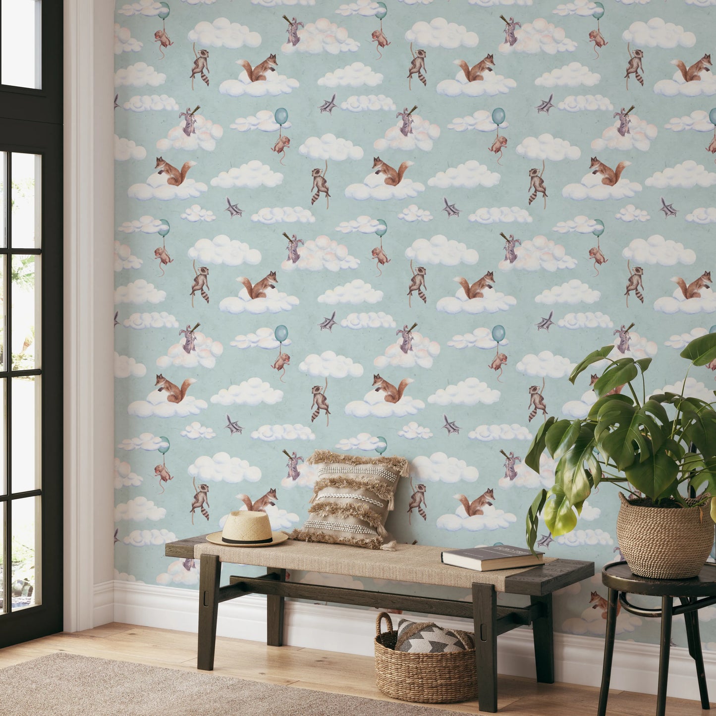 Whimsical Woodland Friends Floating in Soft Clouds Wallpaper⁠