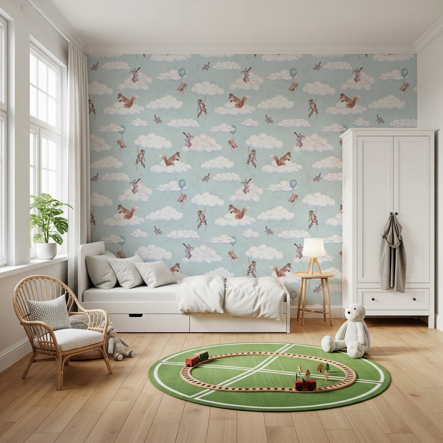 Whimsical Woodland Friends Floating in Soft Clouds Wallpaper⁠