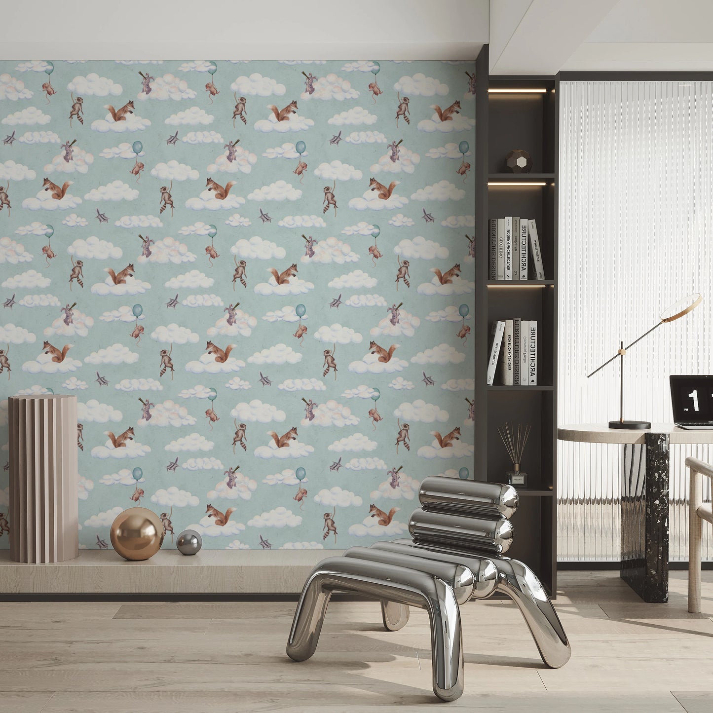 Whimsical Woodland Friends Floating in Soft Clouds Wallpaper⁠