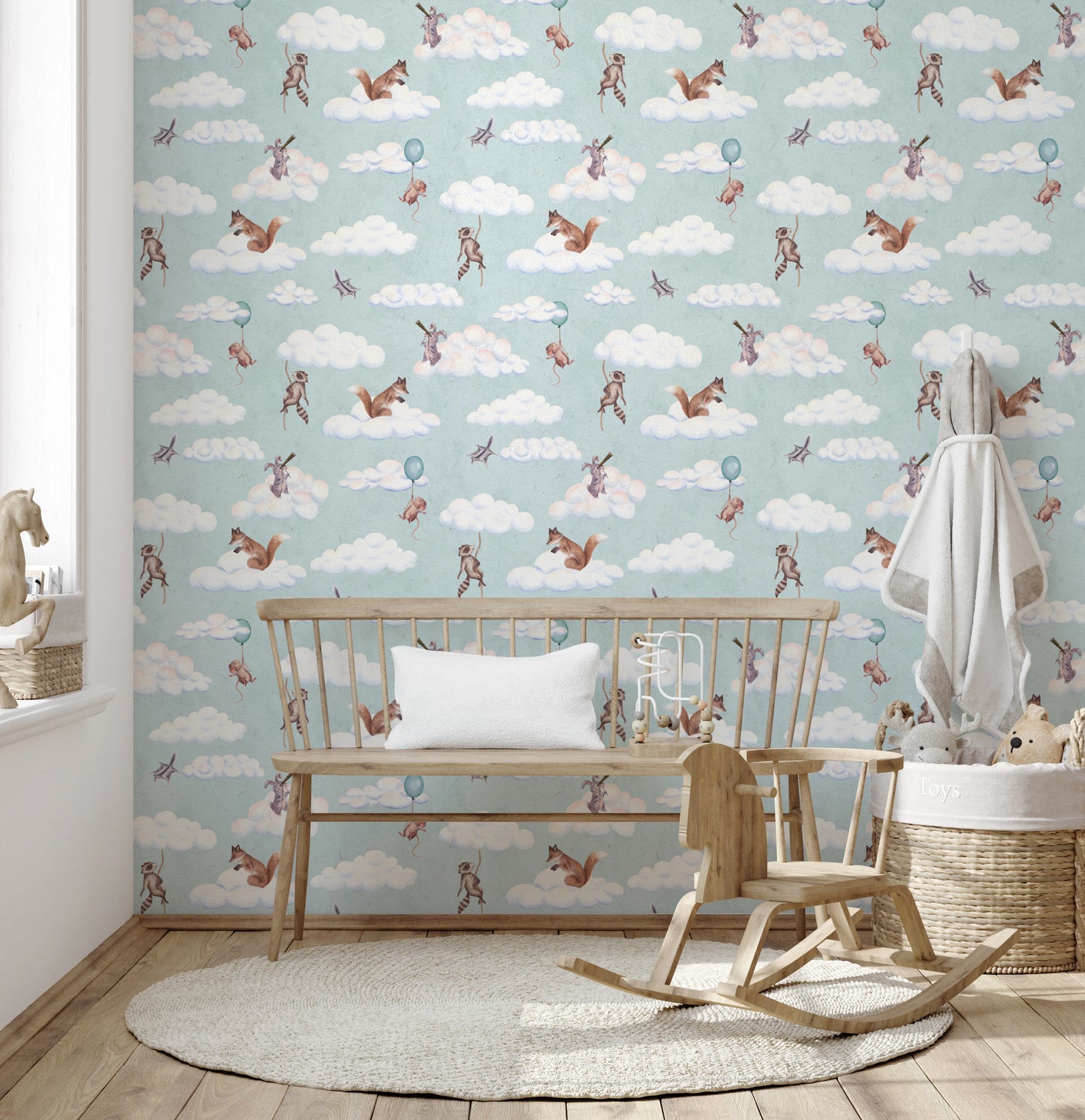 Whimsical Woodland Friends Floating in Soft Clouds Wallpaper⁠