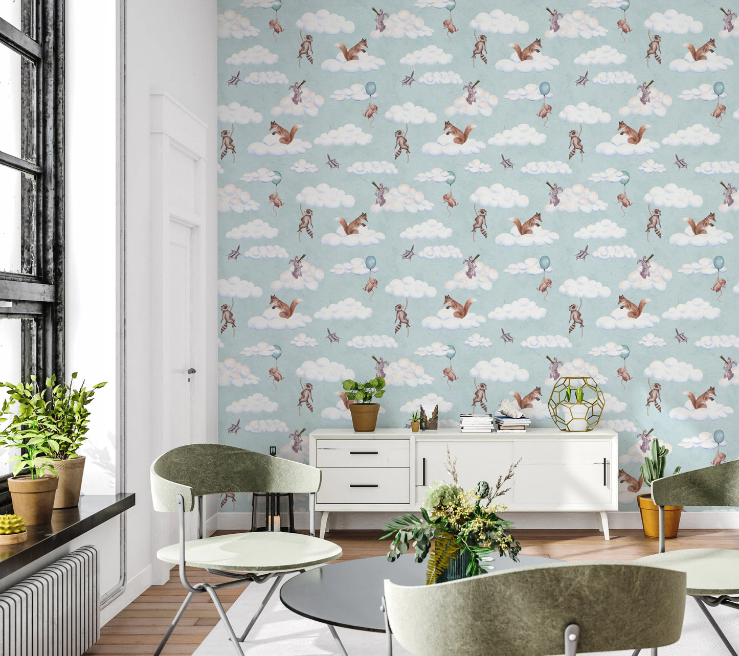 Whimsical Woodland Friends Floating in Soft Clouds Wallpaper⁠