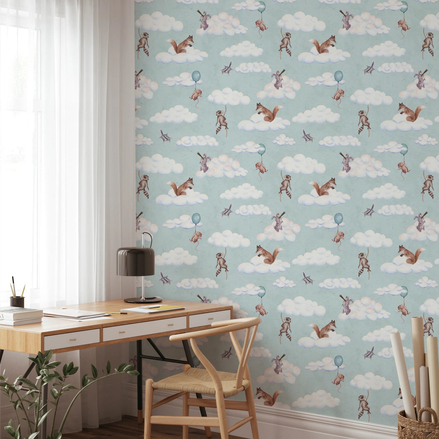 Whimsical Woodland Friends Floating in Soft Clouds Wallpaper⁠