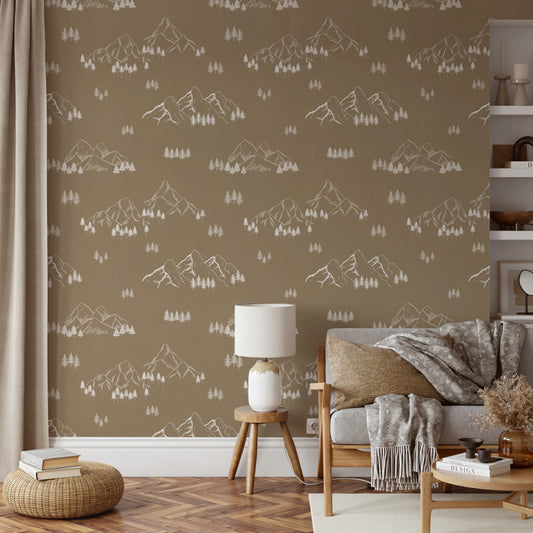Minimalist Hand Drawn Mountain Forest Scene Wallpaper⁠