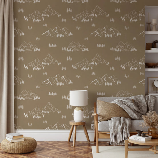 Minimalist Hand Drawn Mountain Forest Scene Wallpaper⁠