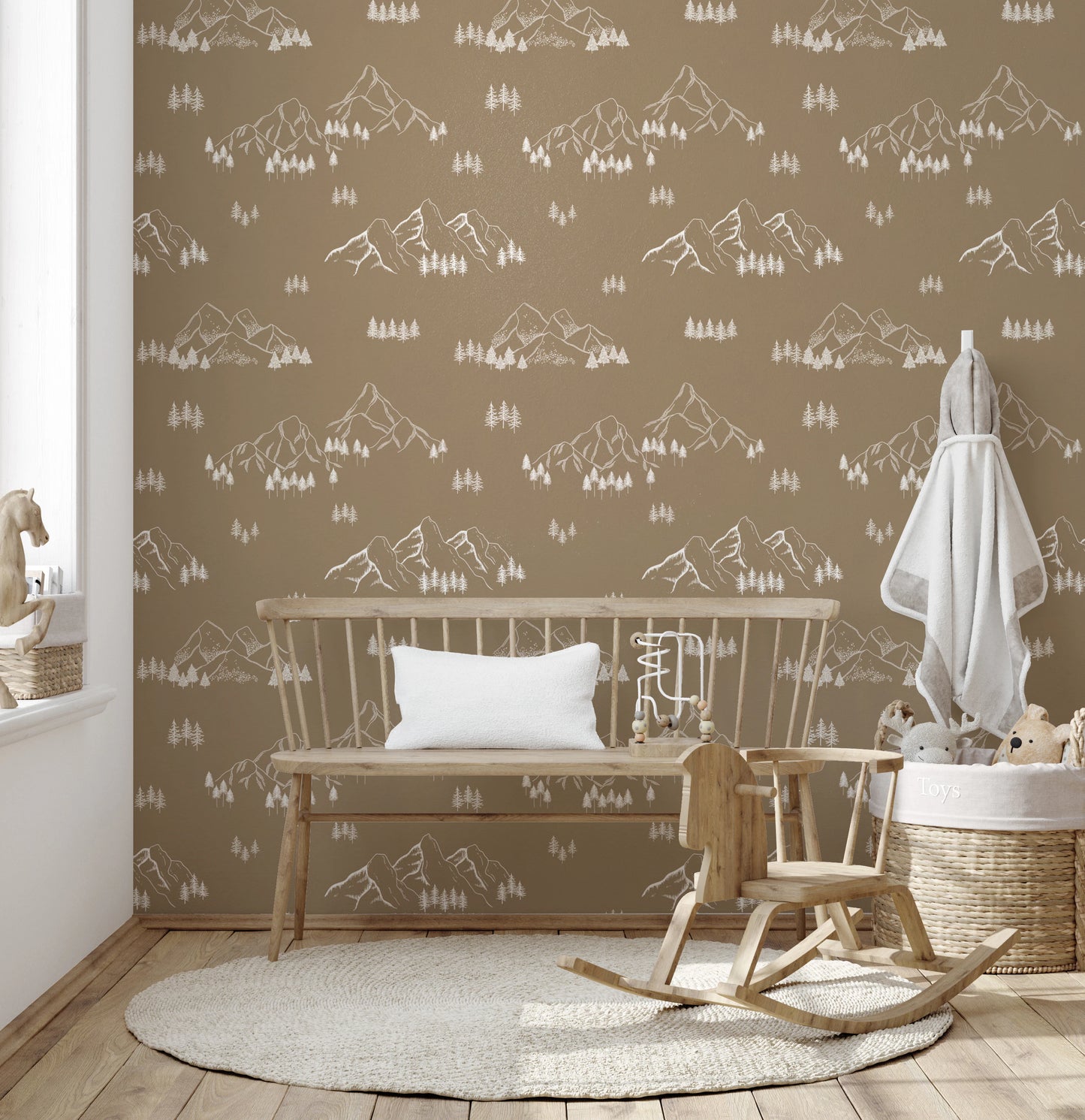 Minimalist Hand Drawn Mountain Forest Scene Wallpaper⁠