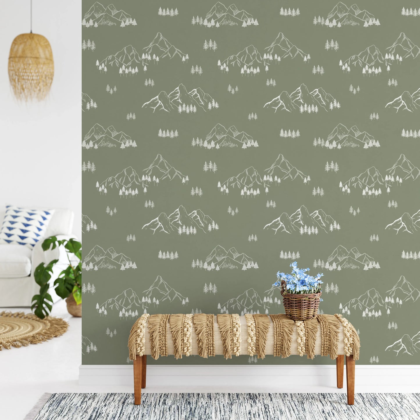 Serene Hand Drawn Mountain Forest Landscape Wallpaper⁠