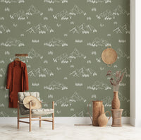 Serene Hand Drawn Mountain Forest Landscape Wallpaper⁠