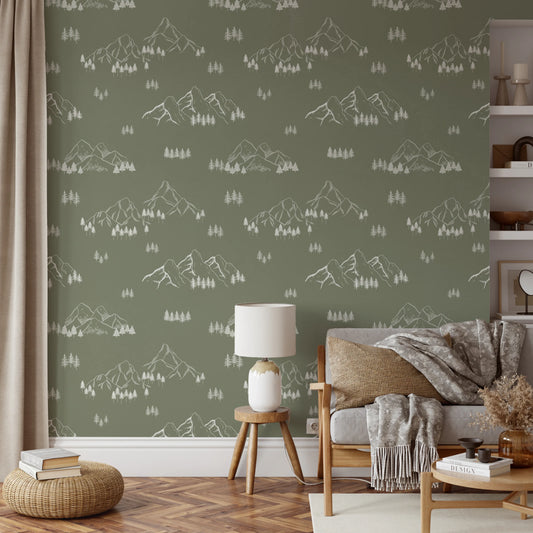 Serene Hand Drawn Mountain Forest Landscape Wallpaper⁠