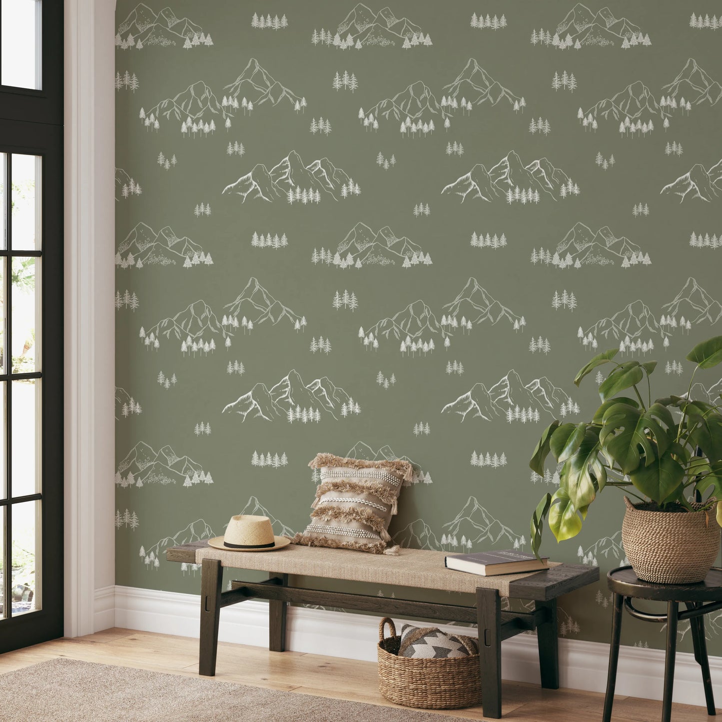 Serene Hand Drawn Mountain Forest Landscape Wallpaper⁠