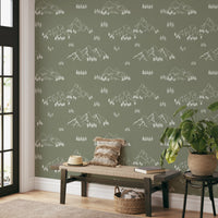 Serene Hand Drawn Mountain Forest Landscape Wallpaper⁠
