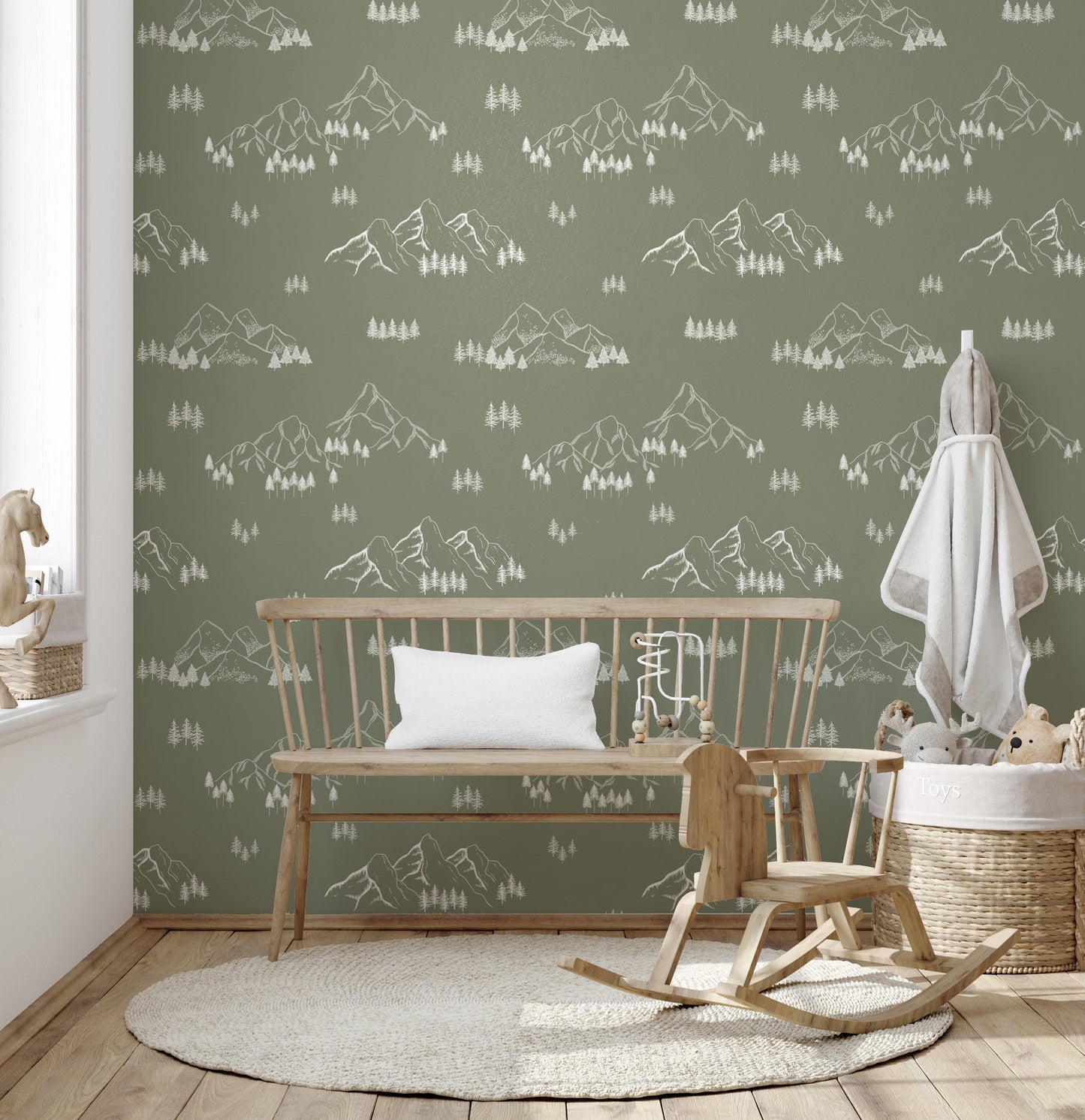 Serene Hand Drawn Mountain Forest Landscape Wallpaper⁠