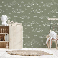 Serene Hand Drawn Mountain Forest Landscape Wallpaper⁠