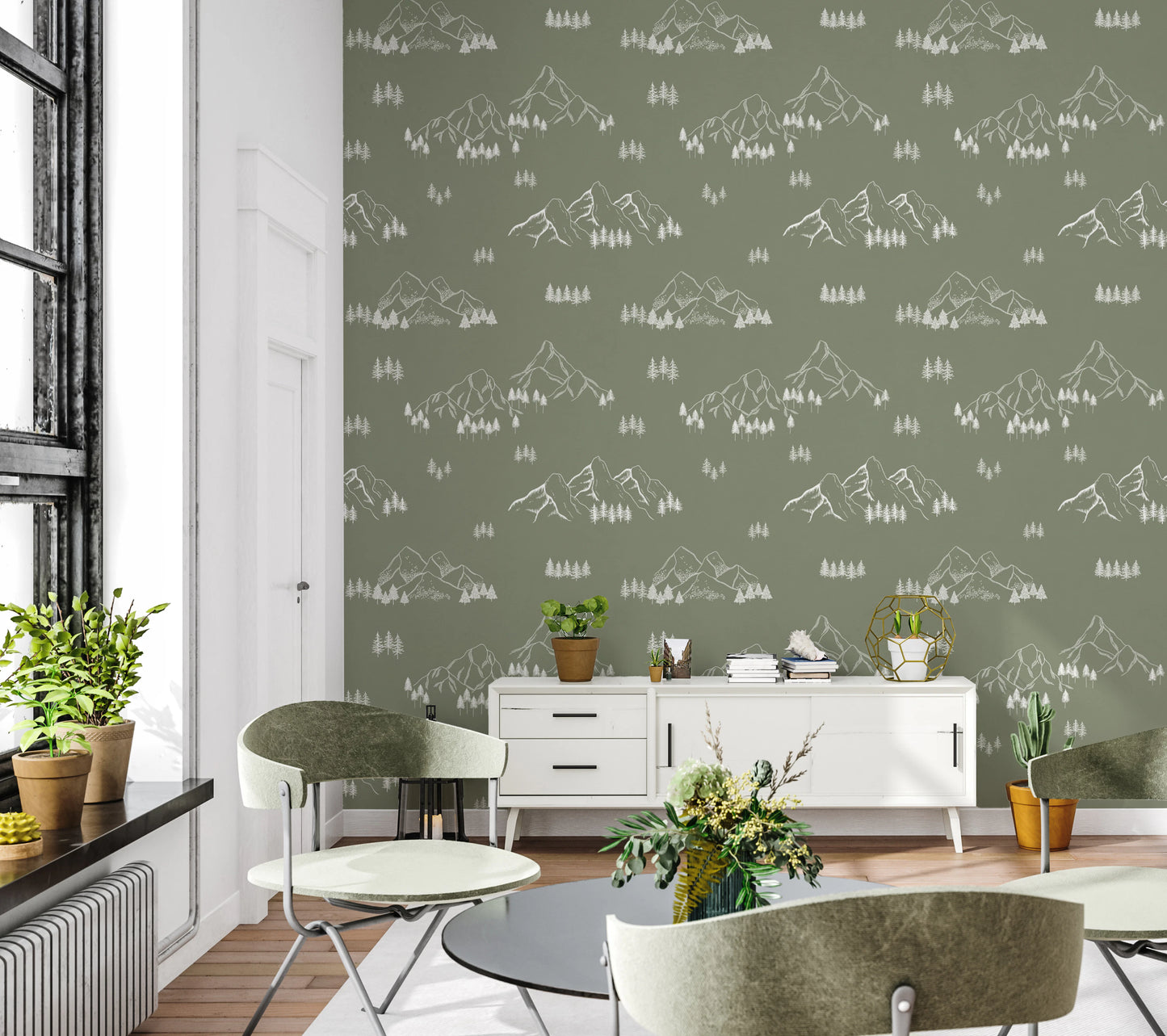 Serene Hand Drawn Mountain Forest Landscape Wallpaper⁠
