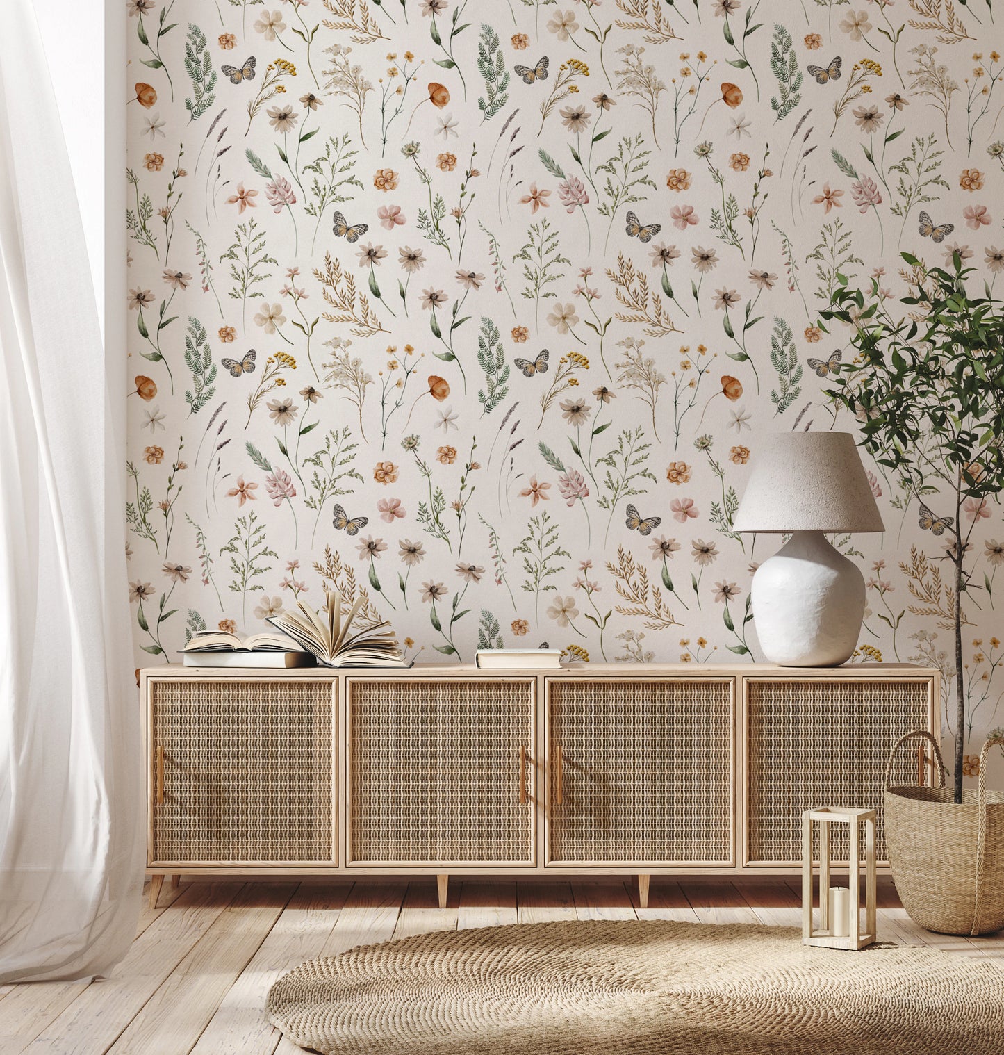 Boho Wildflower Meadow Watercolor Floral Print Wallpaper⁠