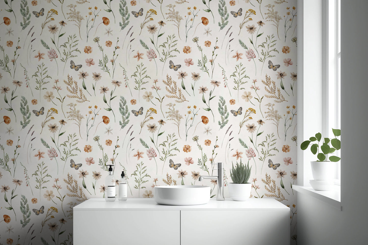 Boho Wildflower Meadow Watercolor Floral Print Wallpaper⁠