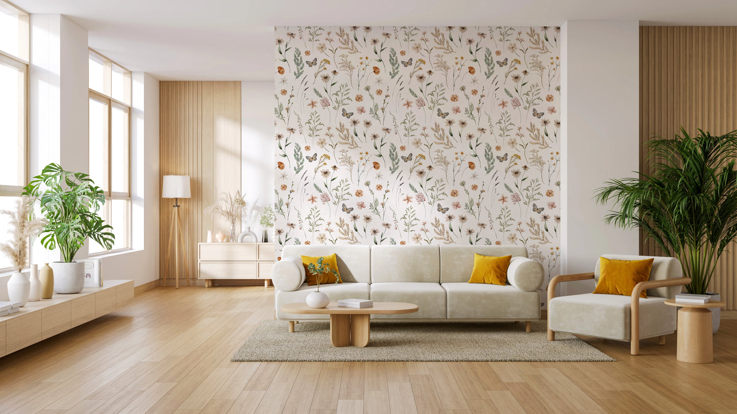Boho Wildflower Meadow Watercolor Floral Print Wallpaper⁠