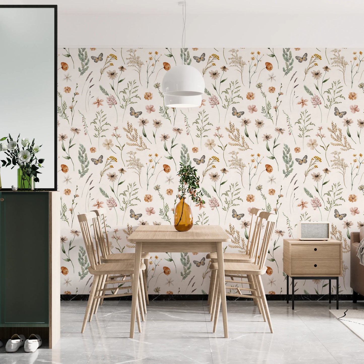 Boho Wildflower Meadow Watercolor Floral Print Wallpaper⁠