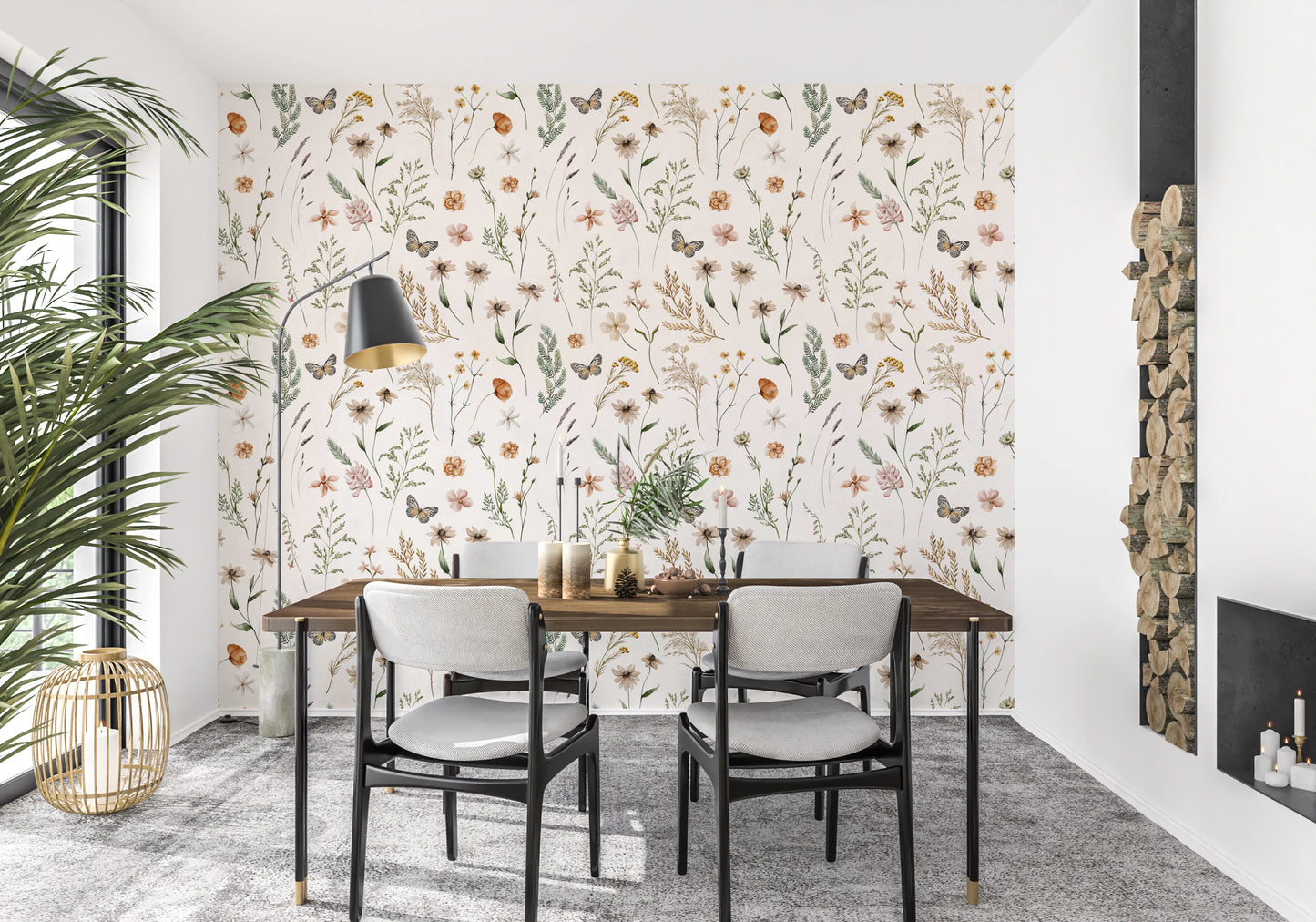 Boho Wildflower Meadow Watercolor Floral Print Wallpaper⁠