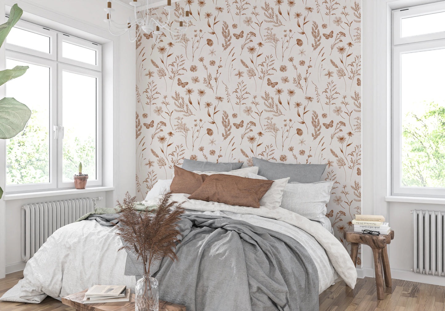 Rustic Earthy Wildflower and Butterfly Botanical Wallpaper Wallpaper⁠