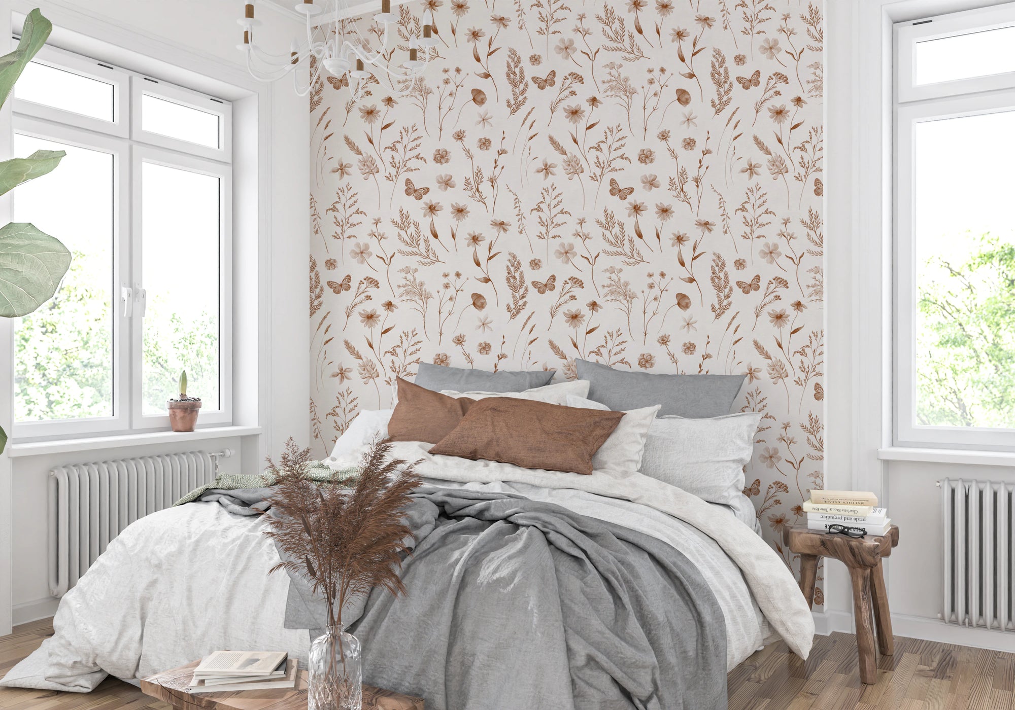 Rustic Earthy Wildflower and Butterfly Botanical Wallpaper Wallpaper⁠
