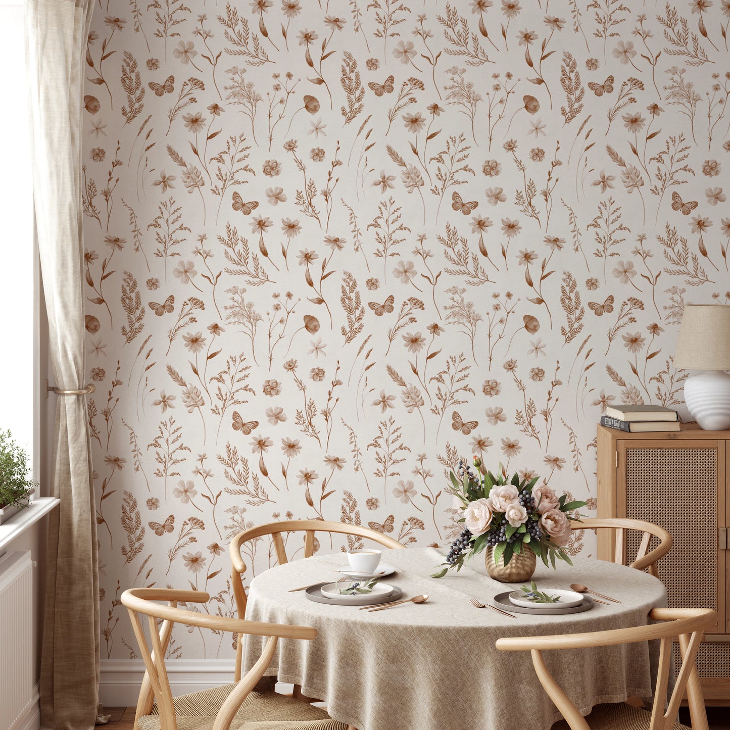 Rustic Earthy Wildflower and Butterfly Botanical Wallpaper Wallpaper⁠