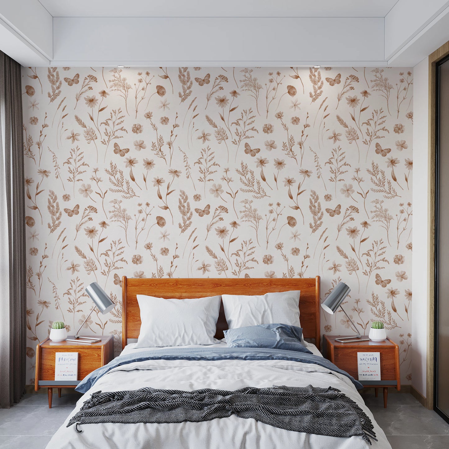 Rustic Earthy Wildflower and Butterfly Botanical Wallpaper Wallpaper⁠