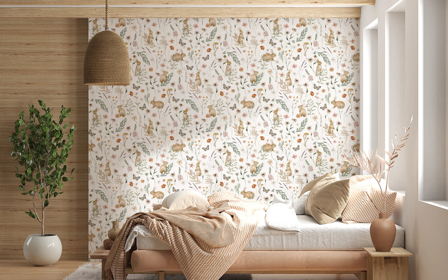 Enchanted Woodland Rabbit and Wildflower Meadow Scene Wallpaper⁠