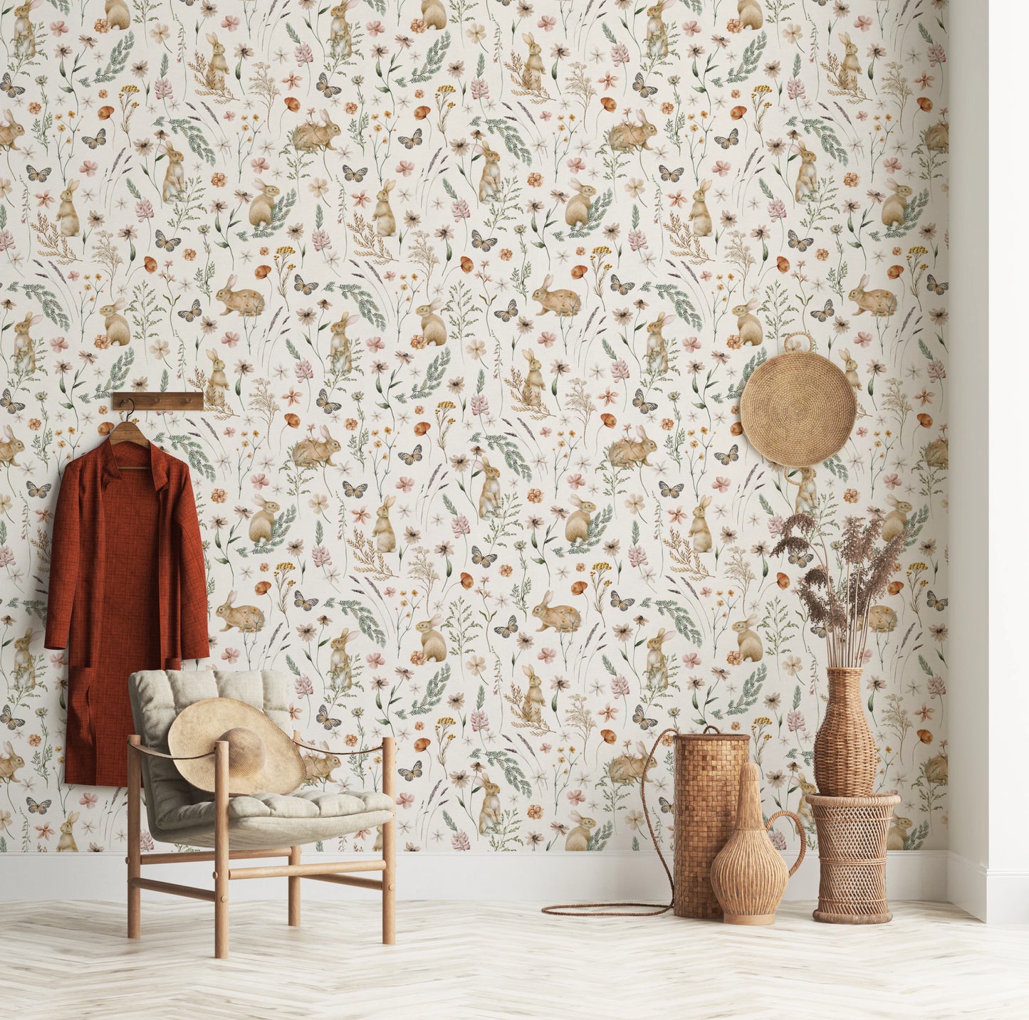 Enchanted Woodland Rabbit and Wildflower Meadow Scene Wallpaper⁠