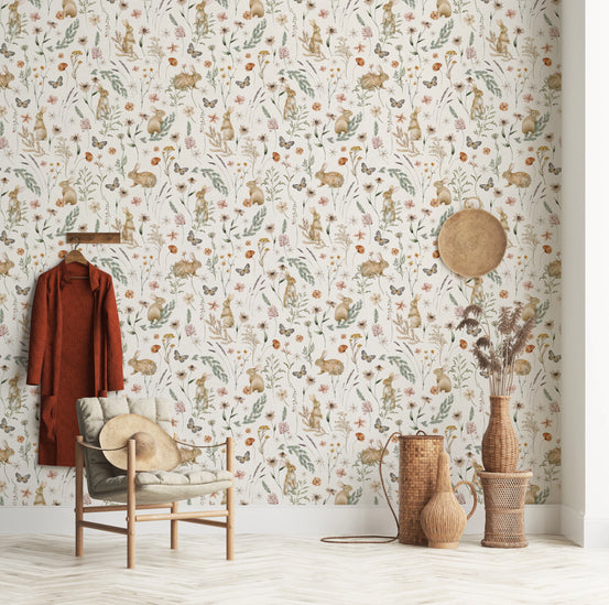 Enchanted Woodland Rabbit and Wildflower Meadow Scene Wallpaper⁠