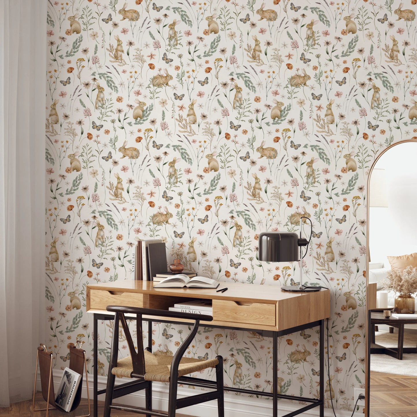 Enchanted Woodland Rabbit and Wildflower Meadow Scene Wallpaper⁠