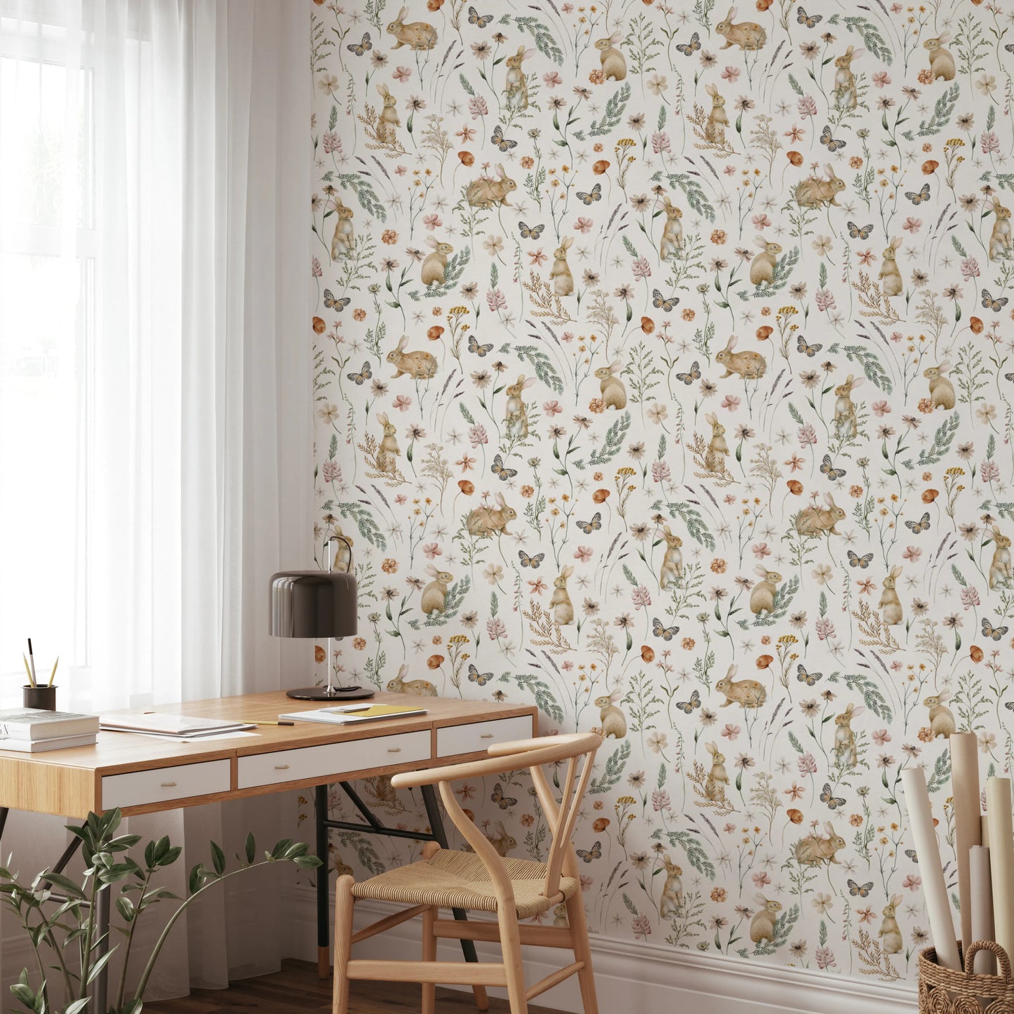 Enchanted Woodland Rabbit and Wildflower Meadow Scene Wallpaper⁠